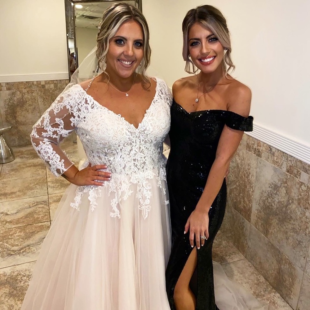 Worn ONCE! Full sequins, off the shoulder black gown